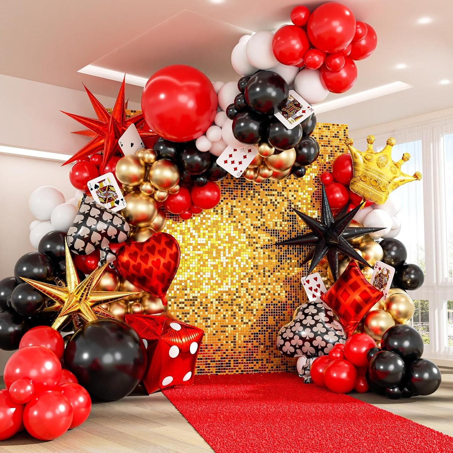165pcs Casino Balloon Arch Garland Kit, Red Black Gold Balloons with Starburst Crown Dice Poker Foil Balloons for Birthday Casino Night Las Vegas Casino Theme Party Decorations