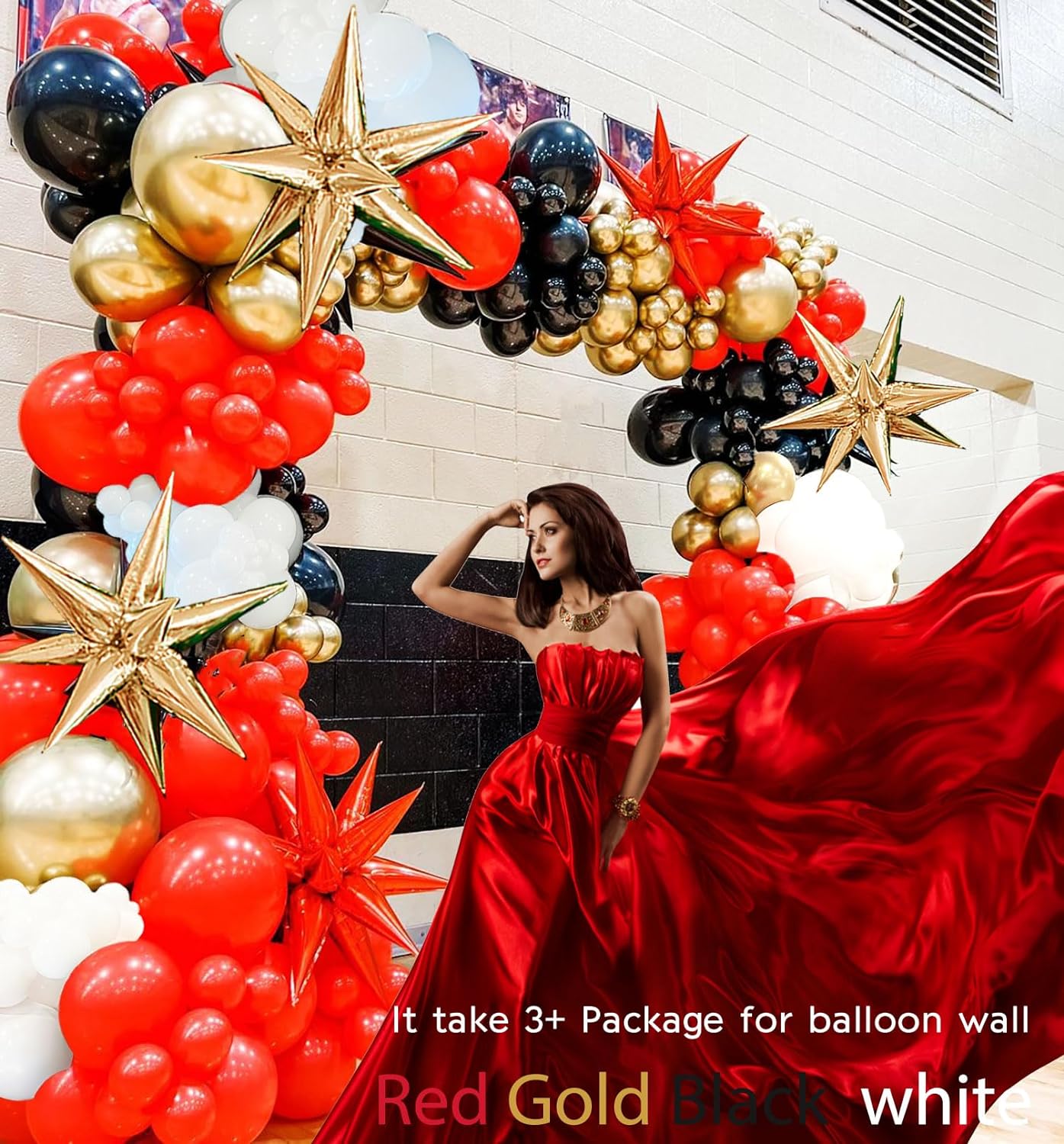 Black Red Gold White Balloon Garland kit 146Pcs and Mylar starburst balloons for Birthday Party 2024 New Year eve movie night graduation prom casino Decorations