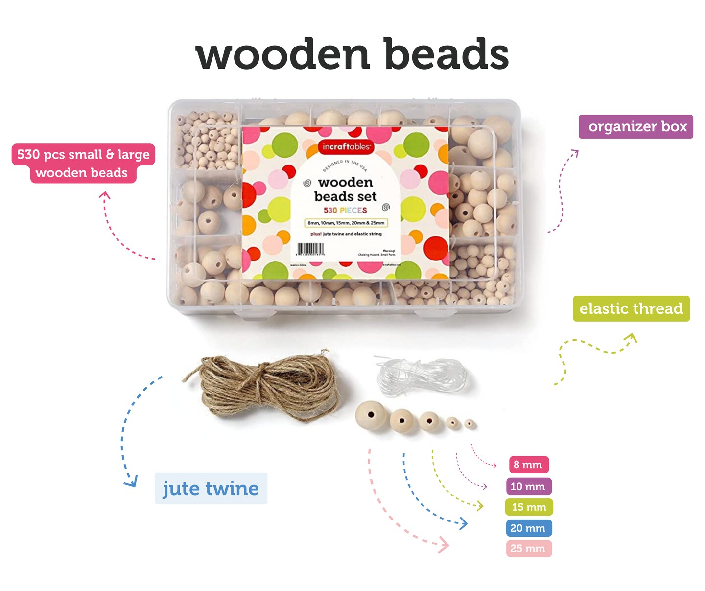 Incraftables Natural Wooden Beads Kit 530pcs (8mm, 10mm, 15mm, 20mm & 25mm) for DIY Crafts