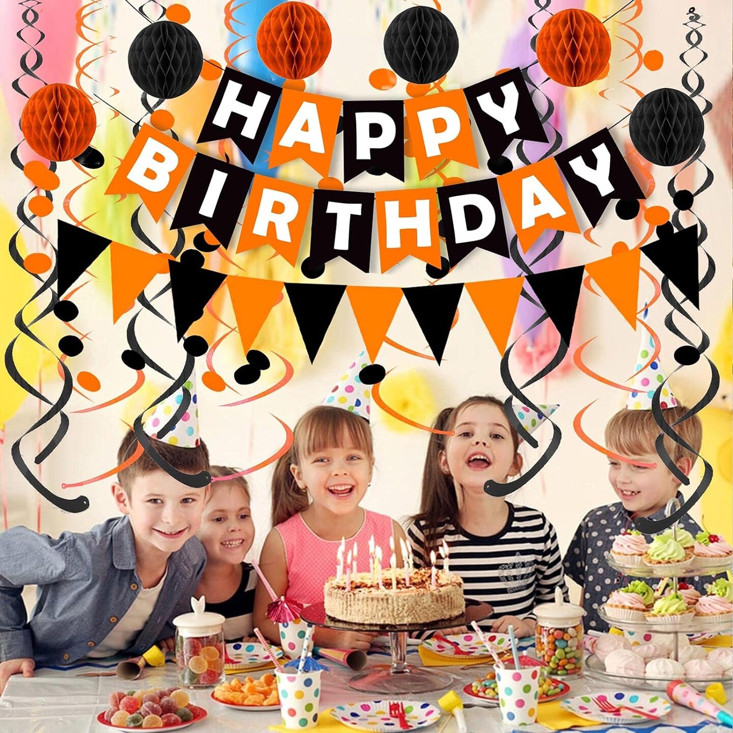 Black Orange Happy Birthday Banner Paper Triangle Flag Bunting Circle Confetti Dots Hanging Garland and Honeycomb Ball Swirl Streamers for Birthday Baby Shower Halloween Party Decoration