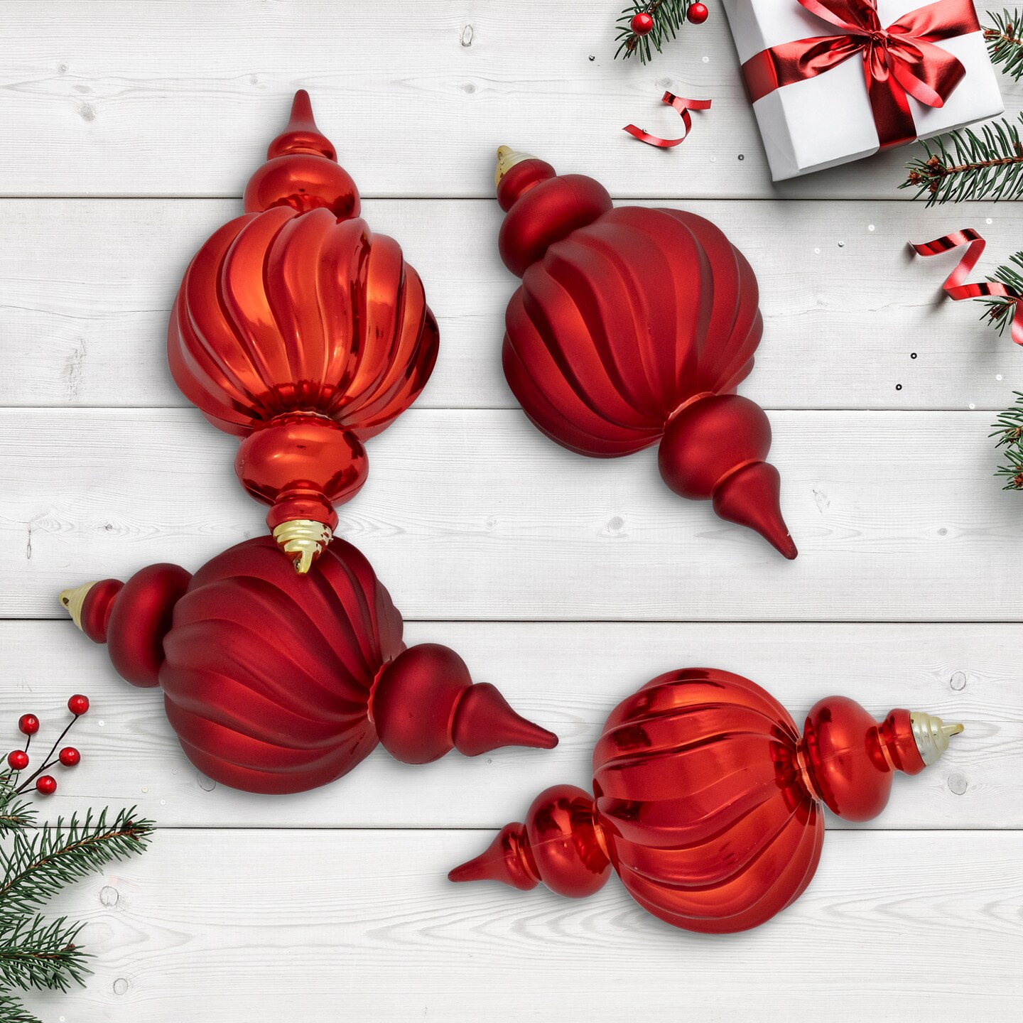 Northlight 2-Finish Commercial Size Finial Shatterproof Christmas Ornaments - 10&#x22; - Red - Set of 4