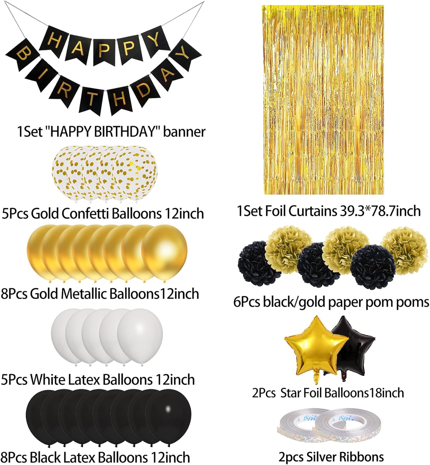 Black Gold Birthday Decorations for Men Women,Black Gold White Foil Confetti Balloons Happy Birthday Banner Pom Poms Metallic Fringe Curtains 18th 30th 40th 50th Graduation Party Supplies