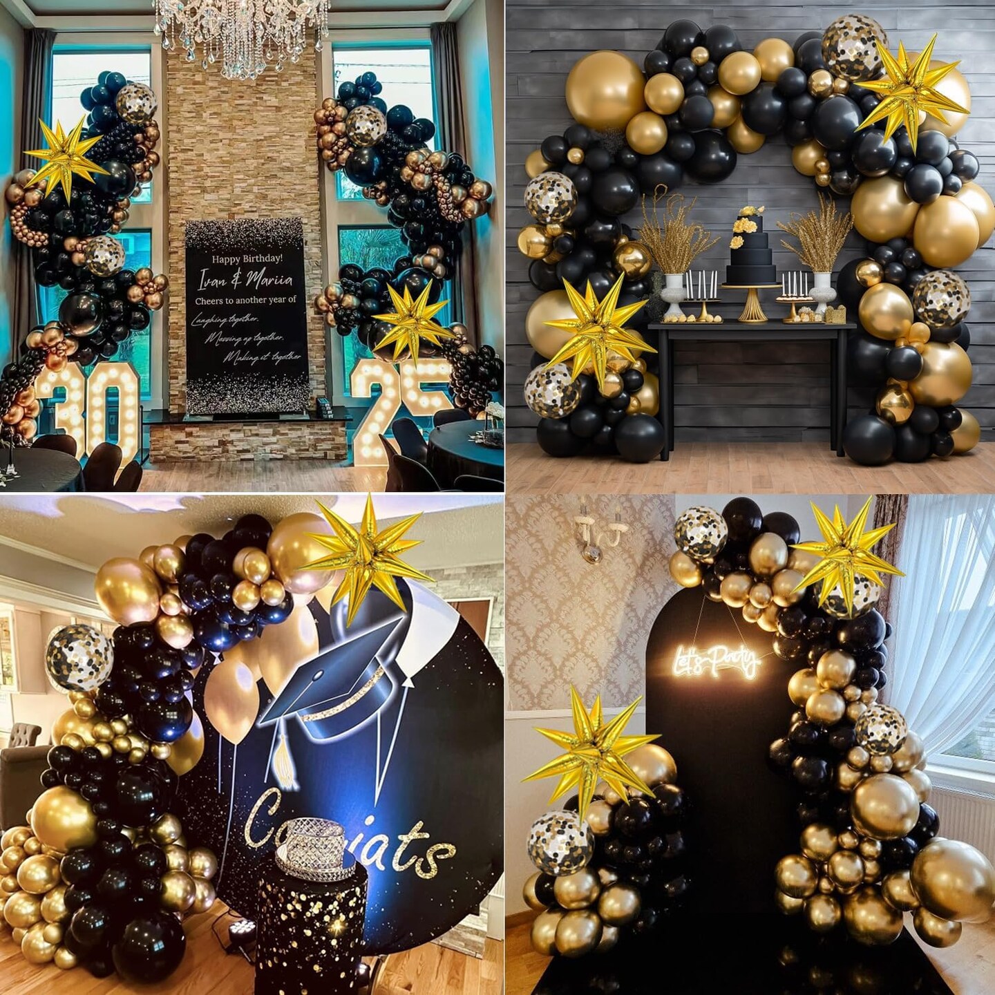Black and Gold Balloons Garland Arch Kit, Black Gold Confetti Balloons with Starburst Balloons for 2024 Graduation Class Wedding Retirement Anniversary Birthday Party Decorations