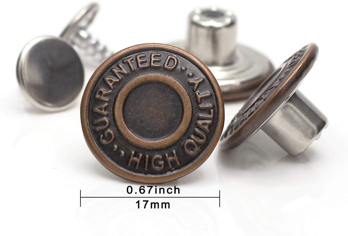 17mm Brass Jeans Buttons, No Sew Metal Buttons Tack Buttons Replacement Kit (Red Copper)