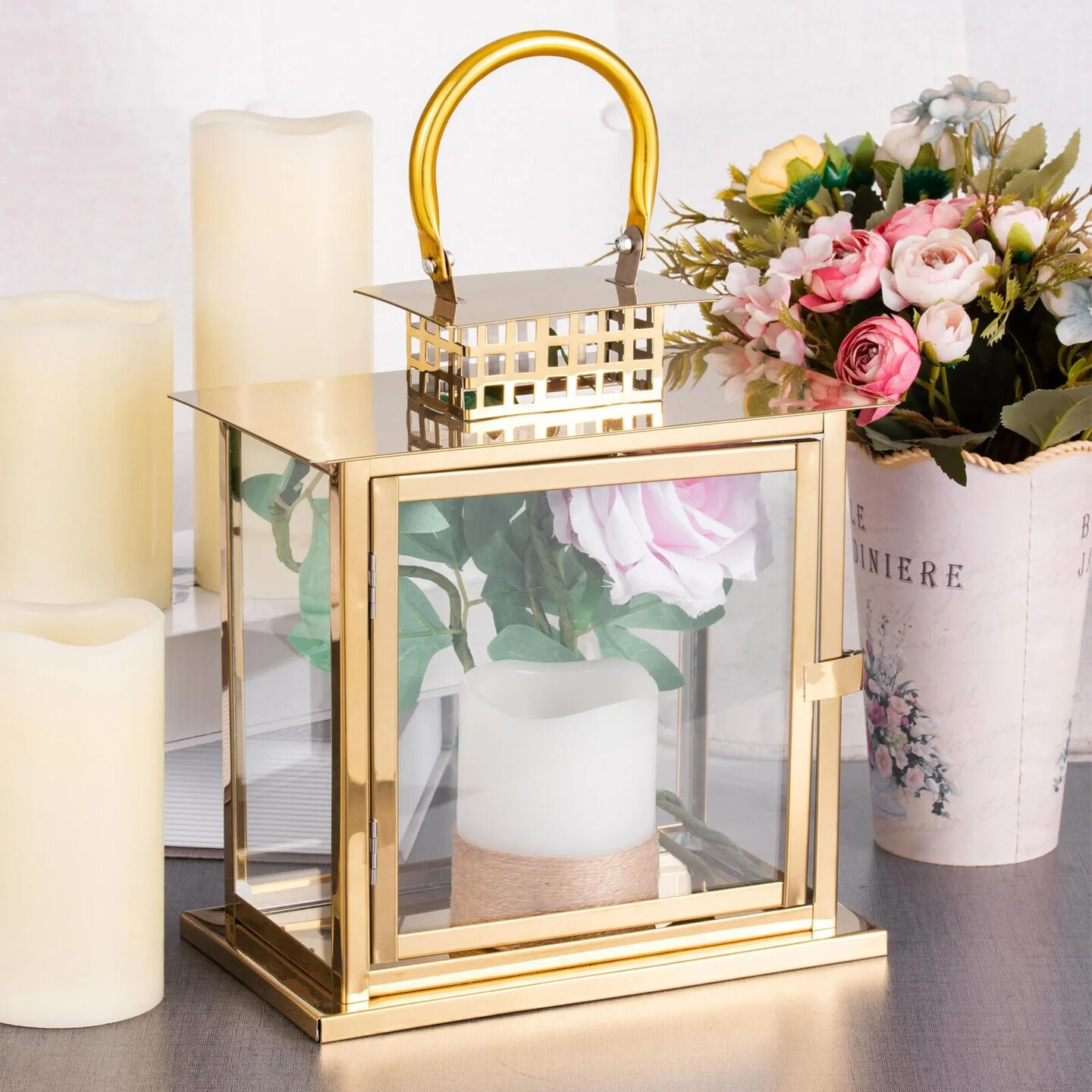 GOLD 10&#x22; tall Metal Lantern Candle Holder