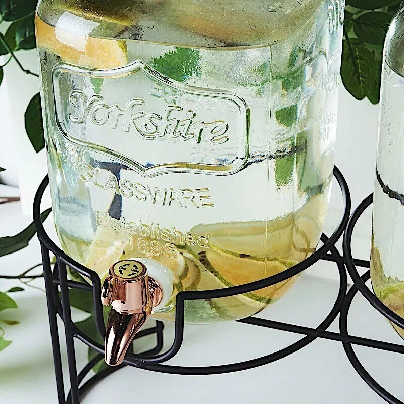 2 Sets 2 gallons Jars Glass Beverage Dispenser Spigot Stand