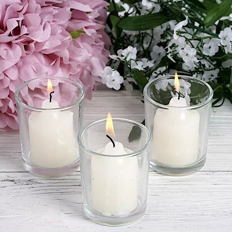 12 IVORY Round Votive Candles with Clear Glass Holders