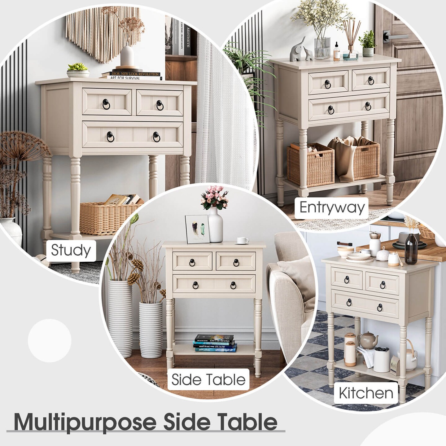 Costway Console Entryway Table with 3 Drawers Open Shelf for Hallway Living Room Beige