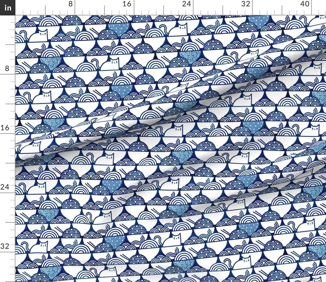 Petal Signature Cotton by the Yard or Fat Quarter Cat Noodle Large Navy White Cute Cats Kawaii Pets Japanese Novelty Pet Blue Custom Printed Fabric by Spoonflower