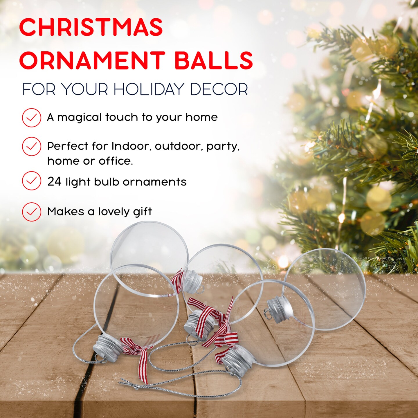 RN&#x27;D Toys Clear Fillable Ornaments - Shatterproof Transparent Plastic Craft Ornament Balls Decorations with Red and White Ribbon for DIY Christmas Ball Sphere Ornament Set - Pack of 24