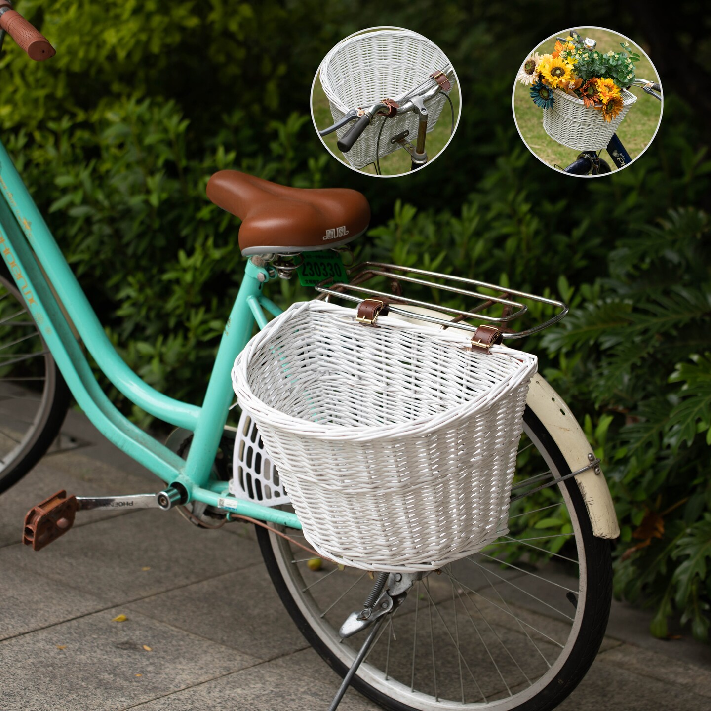 Wicker Front Cargo Bike Basket - Perfect for Riders of All Ages and Genders - for Beach Cruiser, Stationary Bike, E-bike, or Road Bike with Stylish Faux Leather Straps