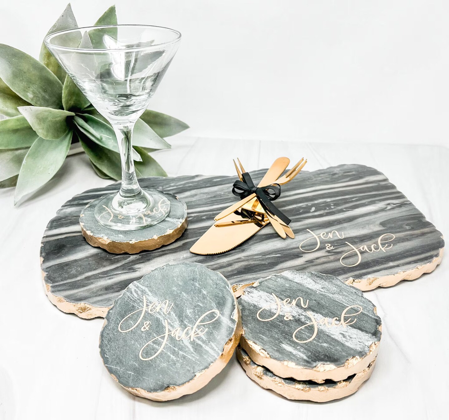 Personalized Marble Coasters - Geometric Coasters - Set of 4 - Gold Edge Marble Coasters - Engraved Marble Coasters - Gold Edge