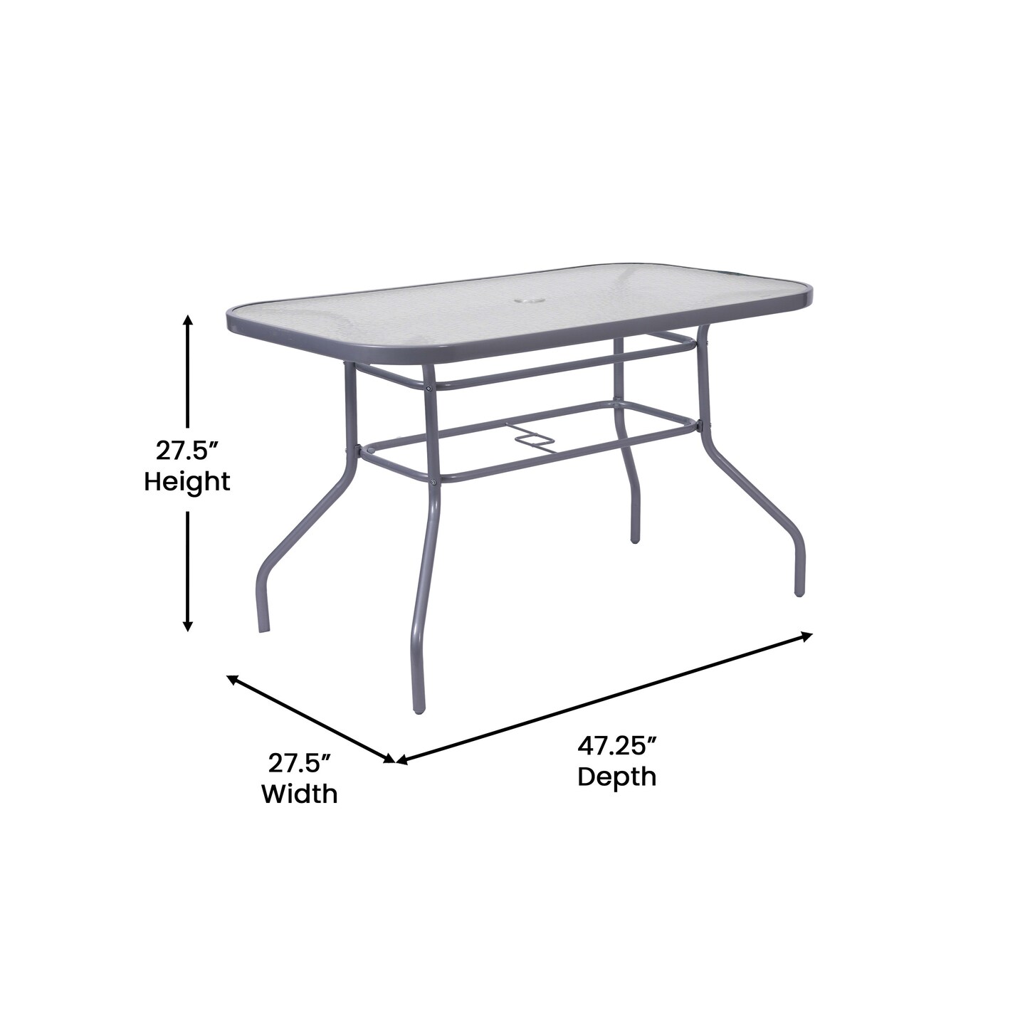 Emma and Oliver Tala Patio Table with Tempered Glass Top with Umbrella Hole and Steel Frame