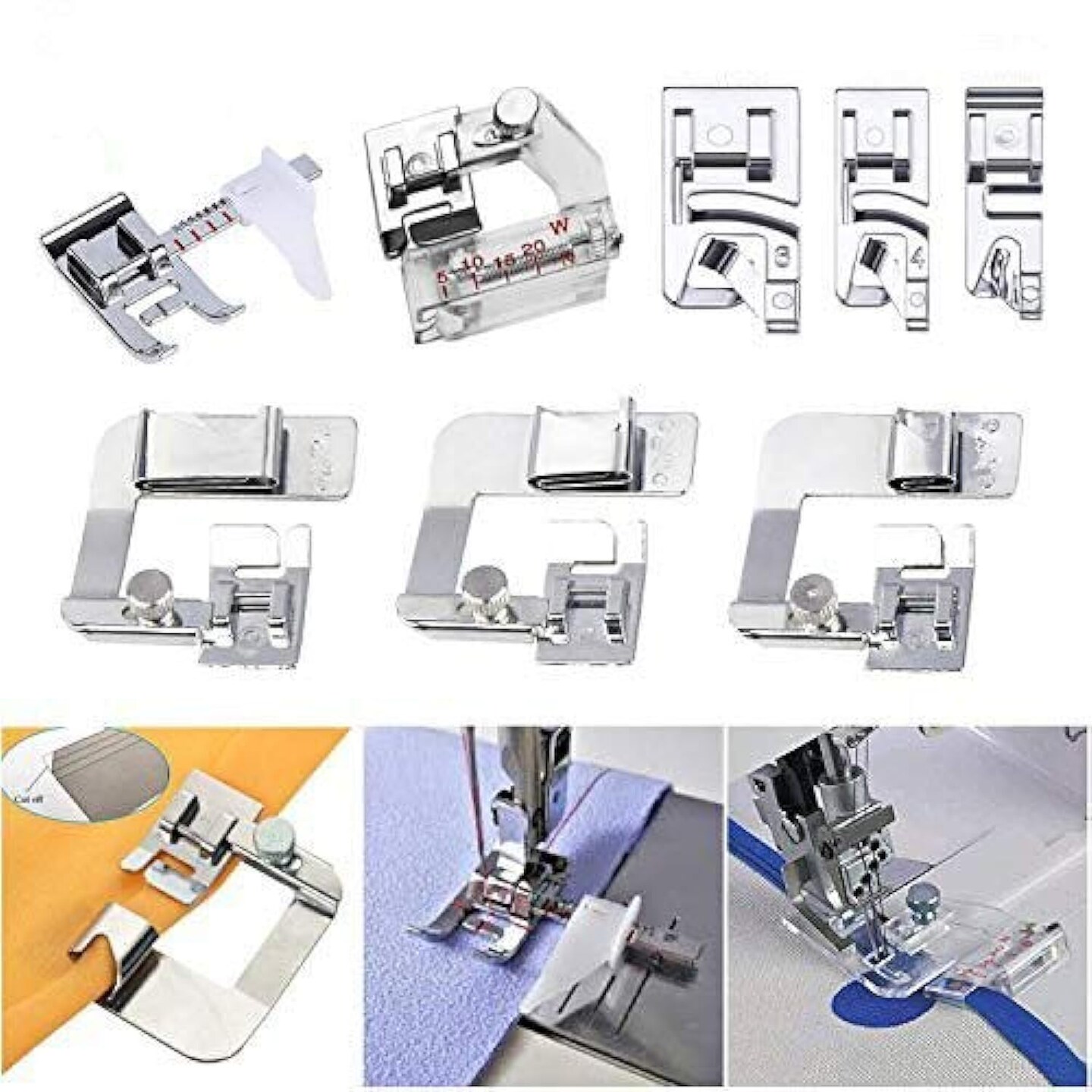 Sewing Machine Presser Feet 3Pcs Rolled Hem Pressure Foot,3Pcs Narrow Rolled Hem Hemmer Presser Feet & Adjustable Guide Presser Foot, Bias Binder Foot Compatible with Singer,Brother,Juki,etc