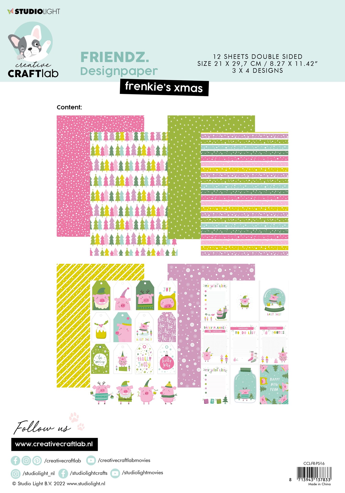 Studio Light CCL Paper Assortment Set Frenkie&#x27;s Xmas Friendz 210x297x3mm 12 SH nr.16