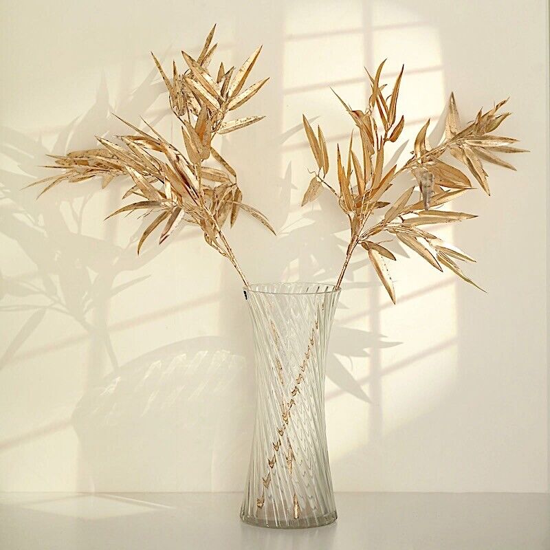 2 Gold 33&#x22; Artificial Bamboo LEAVES Branches Metallic Faux Greenery