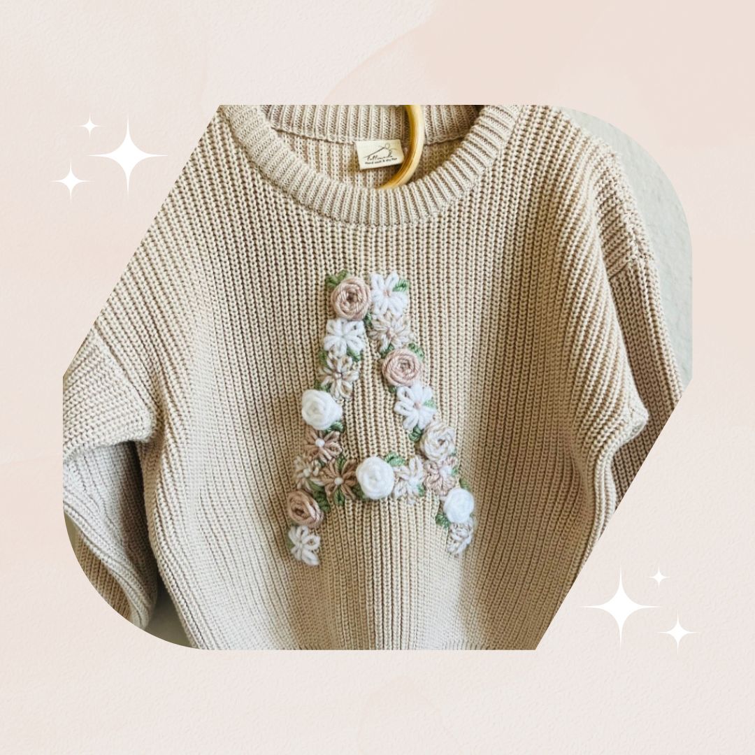 Personalized Baby Name Sweater, size: 0-6M letters designs: 6-8 Letters  Flowers