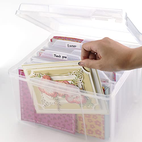Greeting Card Storage & Organizer Box with 6 Coloful Removable Dividers for Holiday Birthday Get Well Cards Photos, Crafts, Scrapbooking(Clear)