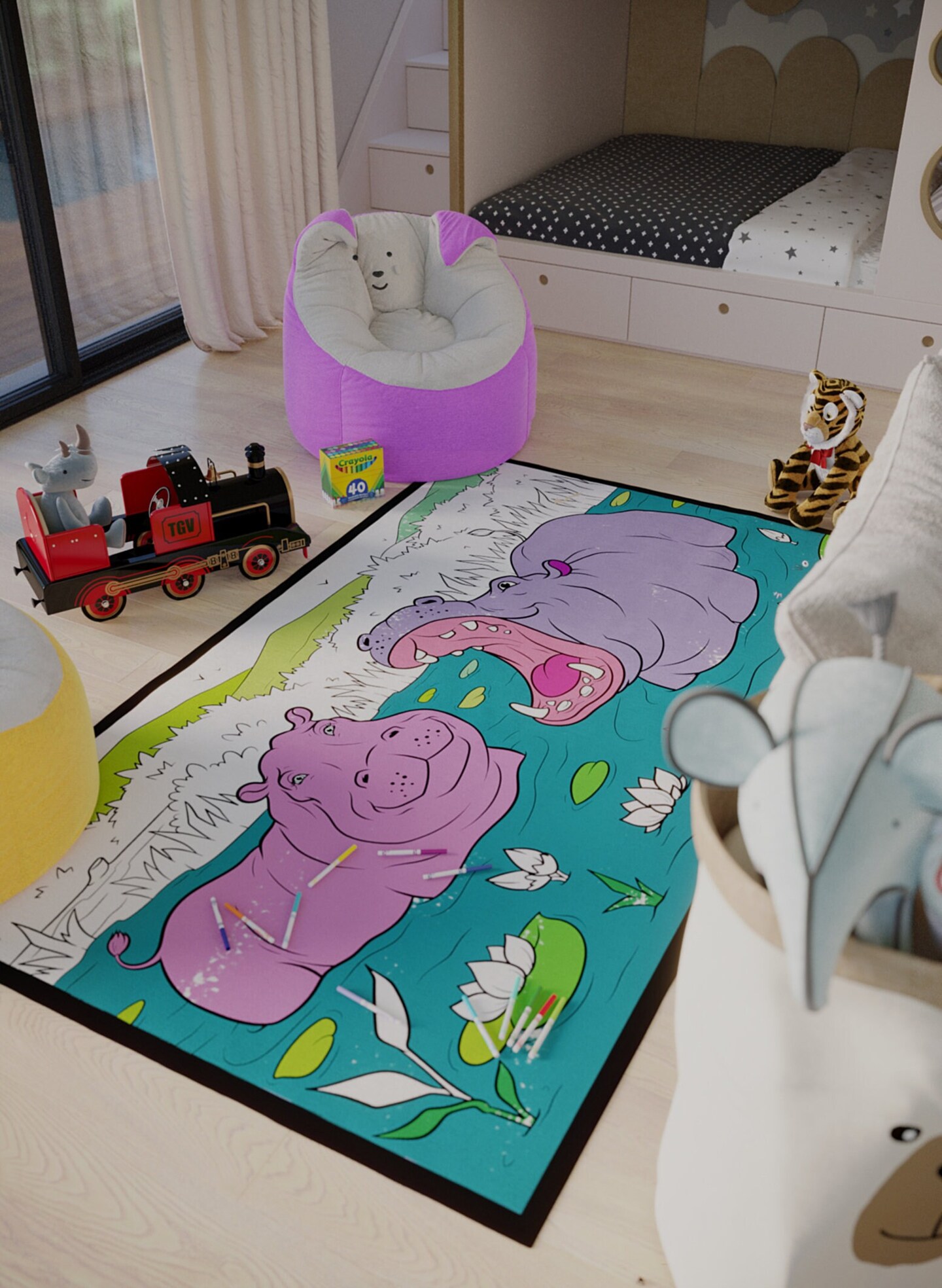 Kids Adult Coloring Book Rug  Washable Markers Gift For Artist Animal Safari Theme Hippo Decor Rainy Day Kid Activity Book Gift For Kid Boy