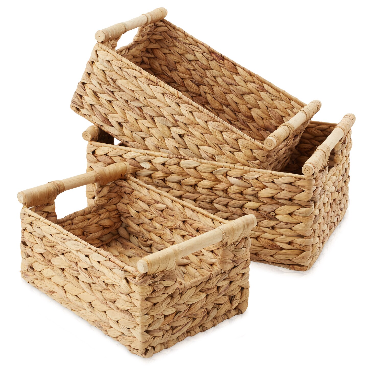Casafield Set of 3 Water Hyacinth Rectangular Storage Baskets with Wooden Handles - Small, Medium, and Large Woven Nesting Baskets for Organizing