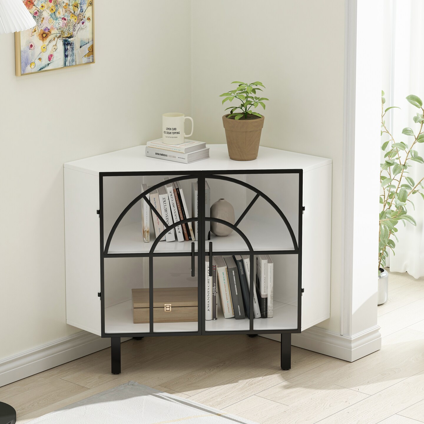 Modern White Glass Corner Cabinet | 43.65 | Stylish Storage Solution