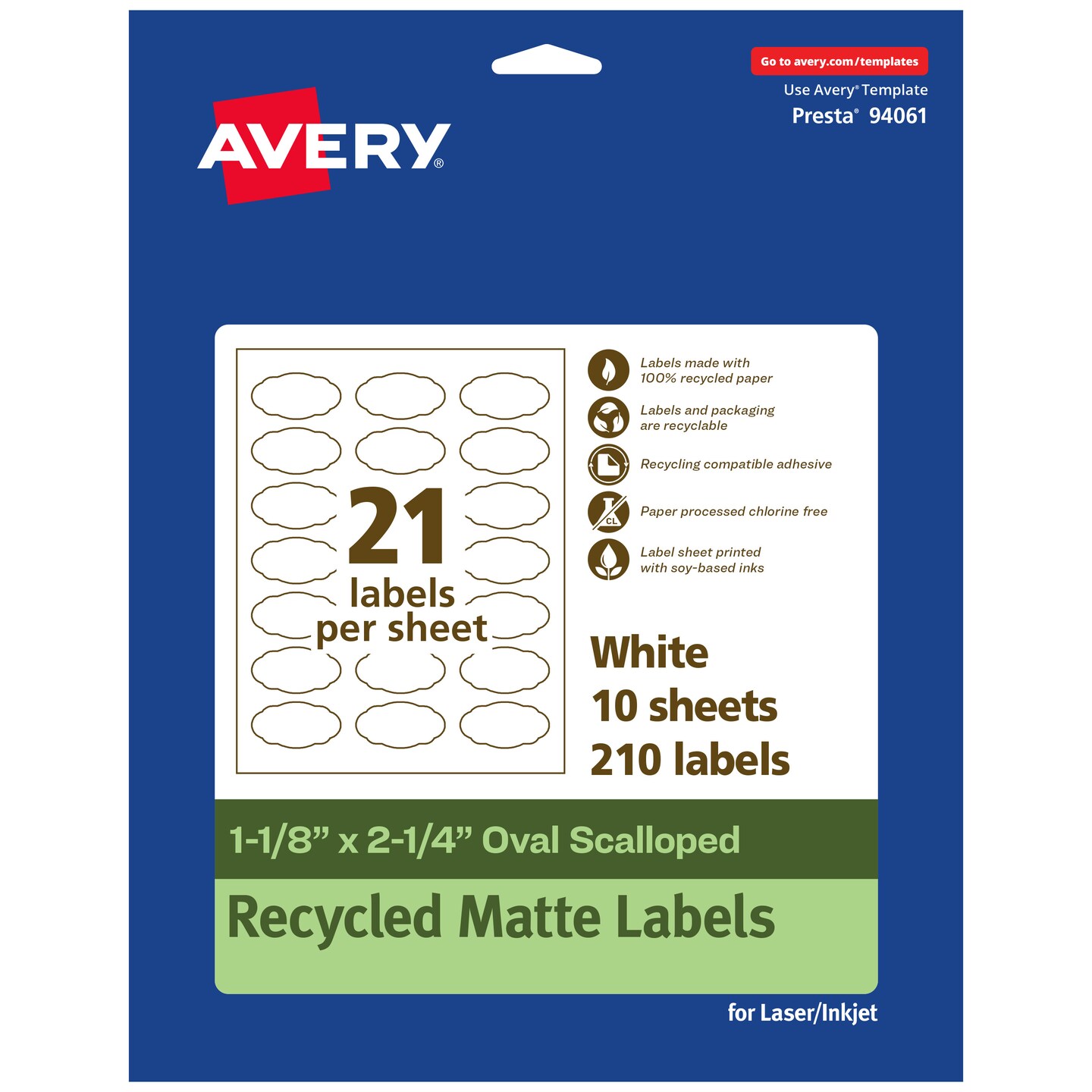 Avery Recycled Matte White Labels,  1-1/8&#x22; x 2-1/4&#x22; Oval Scalloped