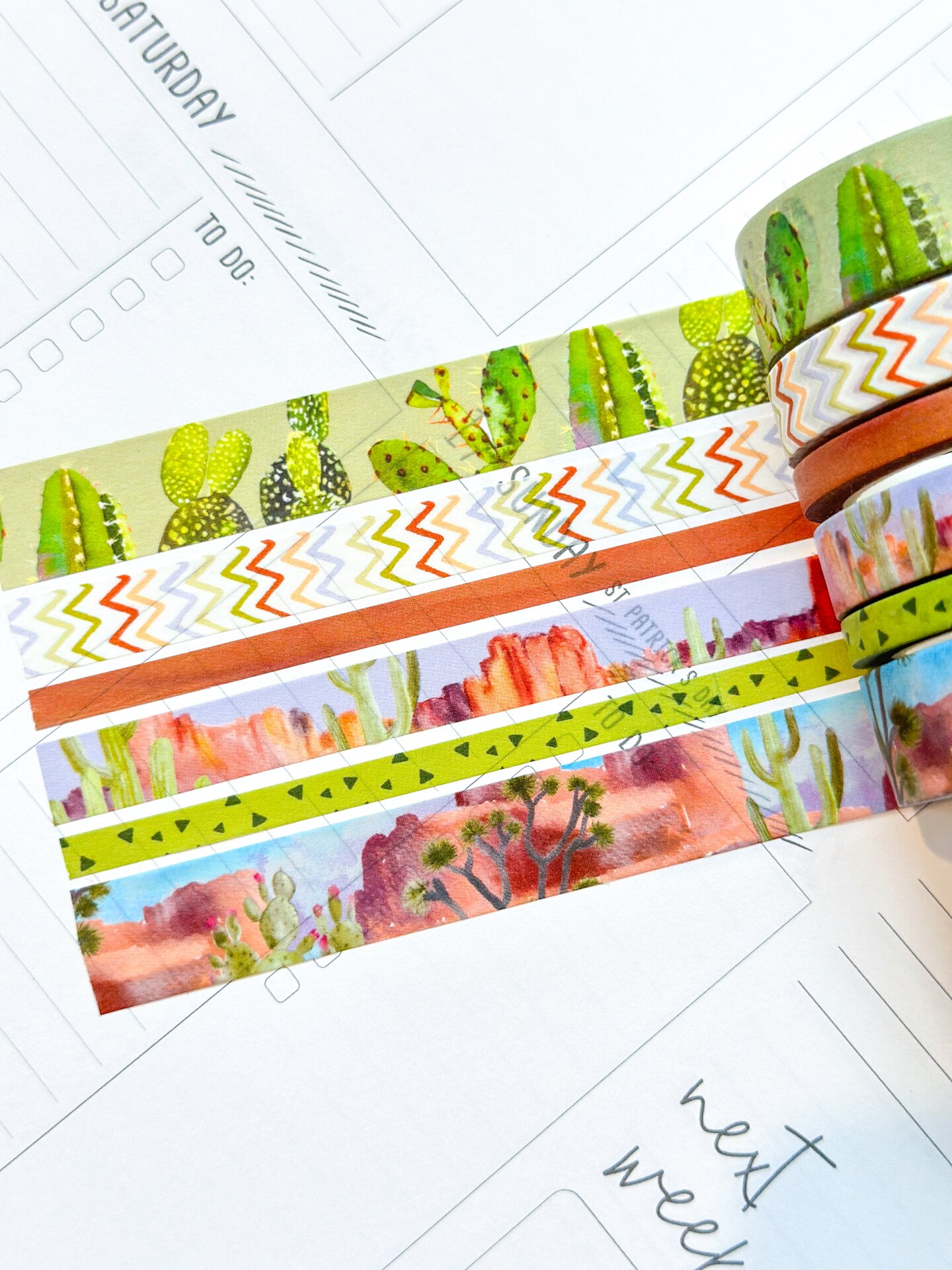 Desert Cactus Green &#x26; Brown Spring Washi Tape Set March 2024 - W104