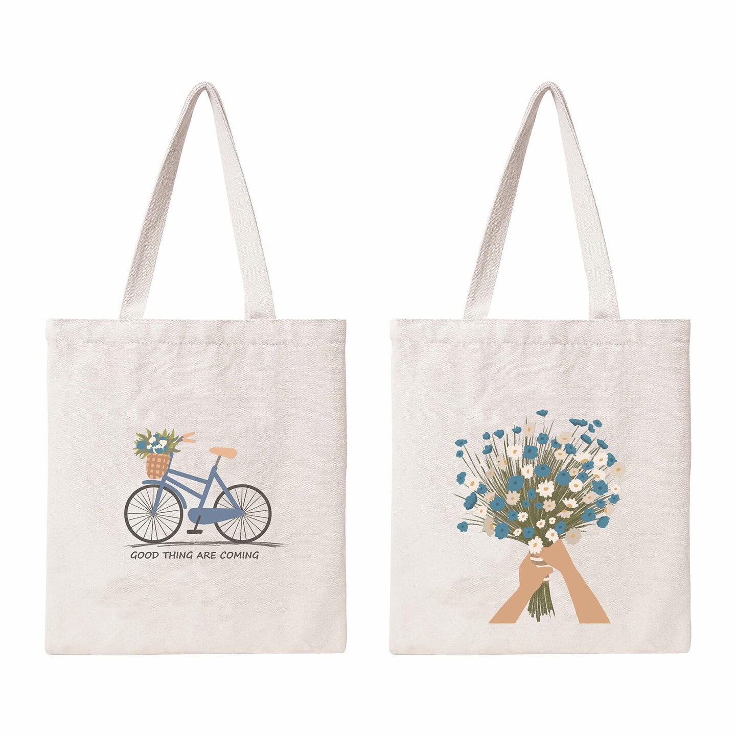1 Pack Aesthetic Flowers Cotton Canvas Tote Bag Blue Bouquet Bicycle Cloth Tote Bag Cute Cotton Tote Bag Art Canvas Tote Bag Reusable Shopping Bag for Gift