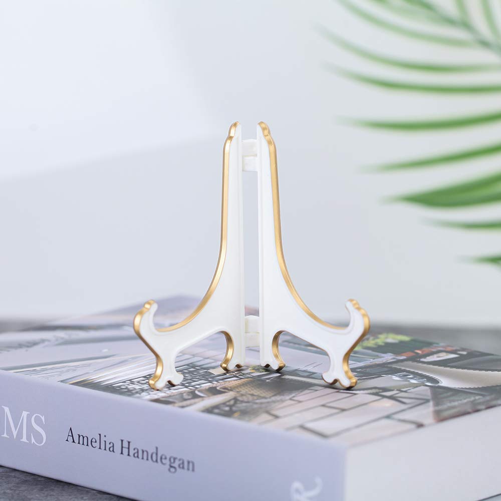 Artliving 4&#x22; White Gold Decorative Small Plate Stand Holder Plastic Picture Easel Display Stand Picture Frame Stand (2 Pack)