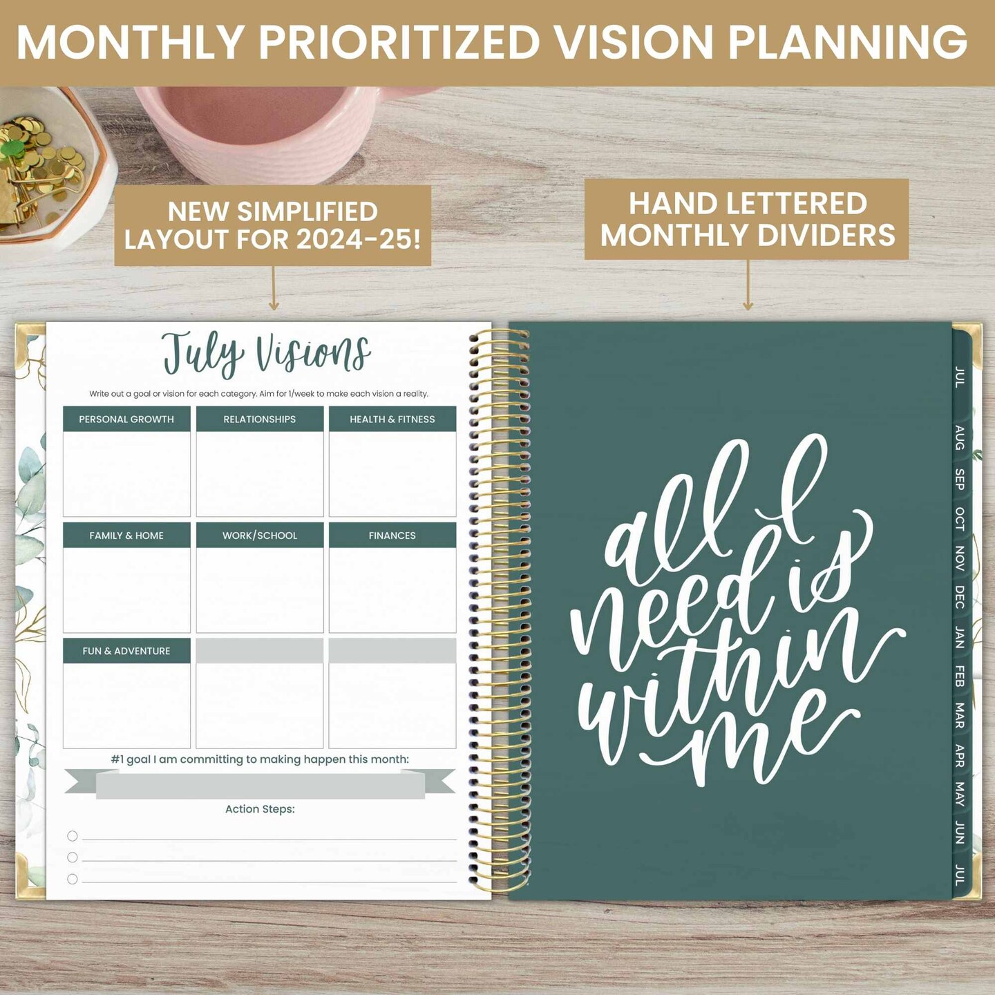 bloom daily planners 2024-25 Vision Planner, 7.5&#x22; x 9&#x22;, Eucalyptus, White