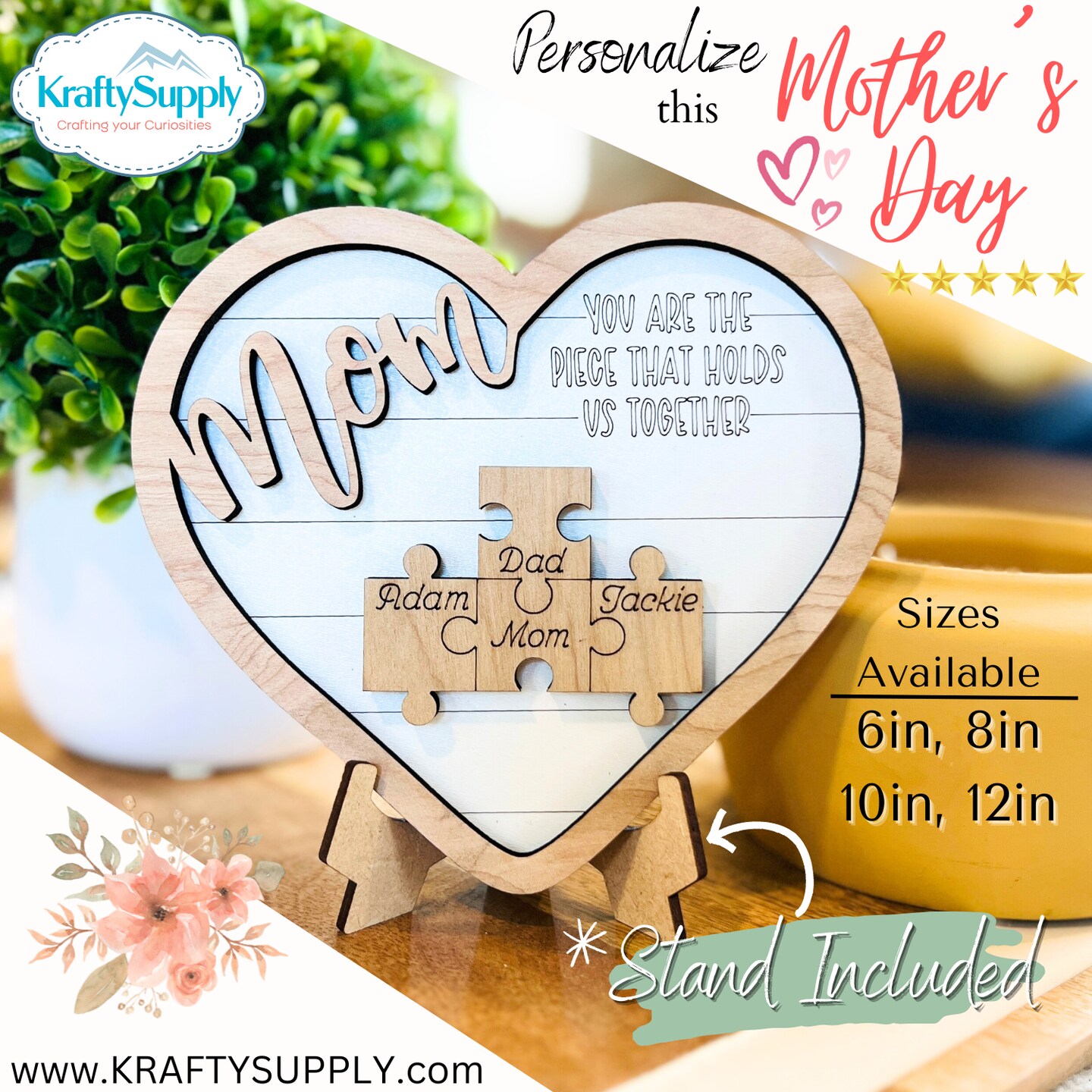 Mothers Day Puzzle Piece Heart Plaque | Wood Heart Sign | Personalized Gift for Her | Birthday Gift for Wife | Christmas Gift for Mom