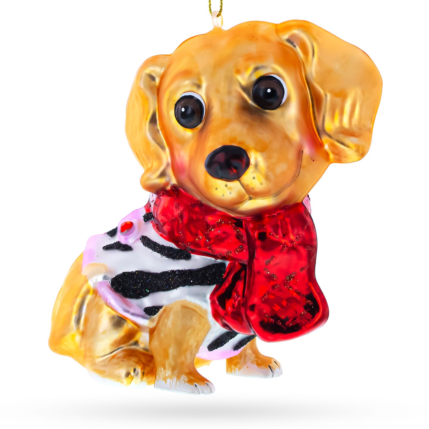 Golden Retriever Puppy in Red Scarf Glass Christmas Ornament