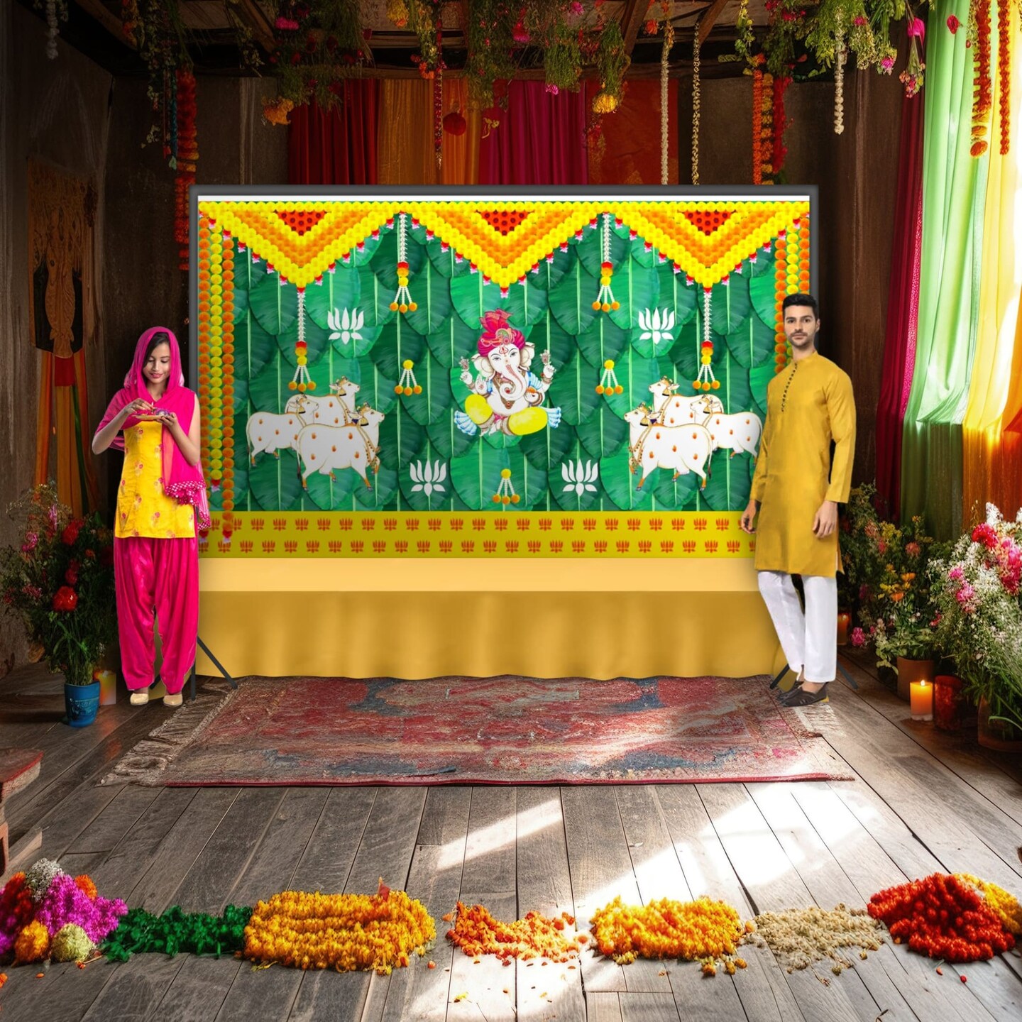 Ganesh and Cow Backdrop 5x8 Feet Indian Traditional Cloth Backdrop Pooja Wall Decor Indian Wall Art Photo Decor Banner Indian Ganesh Pooja Decor Decorative Pooja Cloth