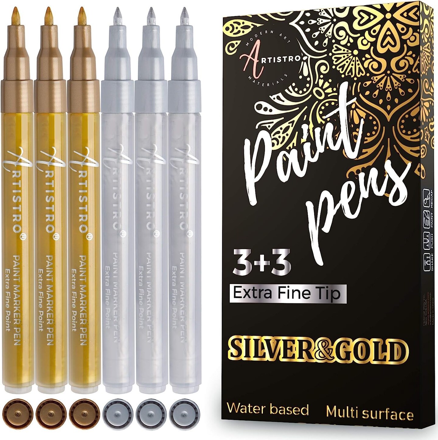6 Pieces Metallic Acrylic Paint Pens for Rock Painting, Stone, Ceramic, Glass, Wood, Fabric, Canvas, Metal, Scrapbooking (6 Pack) Set of 3 Gold & 3 Silver Acrylic Paint Markers Water-Based Extra-Fine Tip 0.7mm