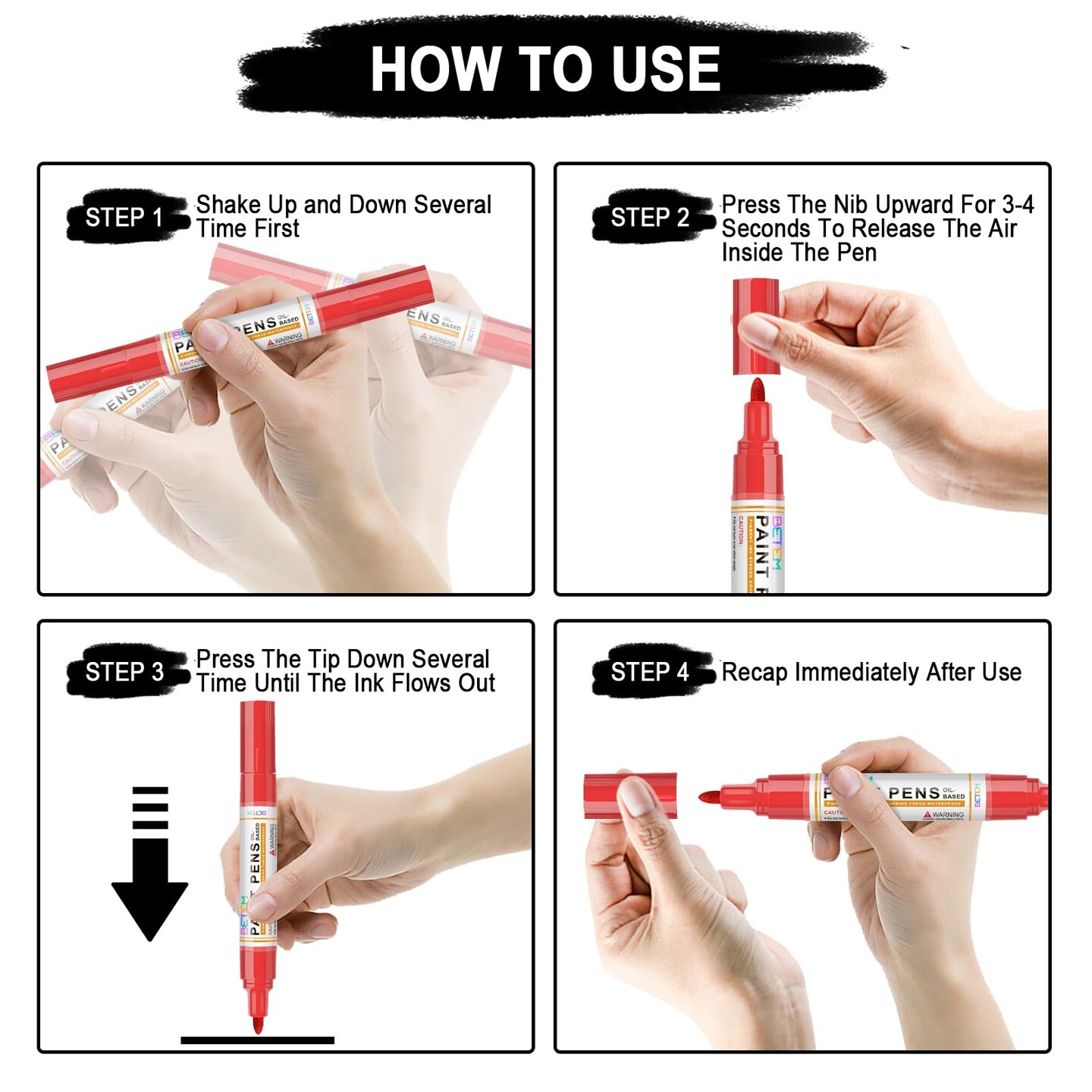 Betem Oil Based Paint Markers, Dual Tip Paint Pens(0.7mm &#x26; 3mm), Gold Silver Permanent Paint Marker Pen, Waterproof, Quick Dry, for Fabric, Rock Painting, Wood, Plastic, Metal, Canvas (2Red2Blue)