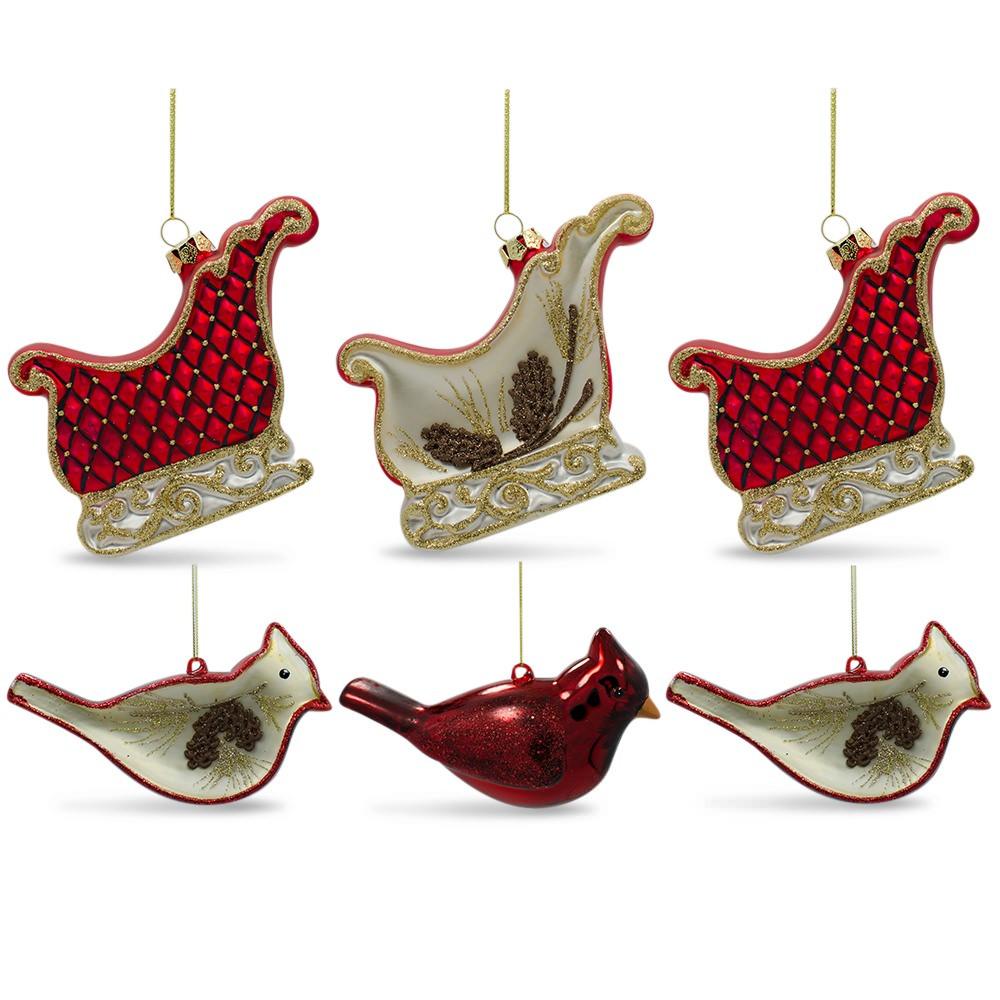 Set of 6 Cardinals Birds and Sleighs Glass Christmas Ornaments 4 Inches