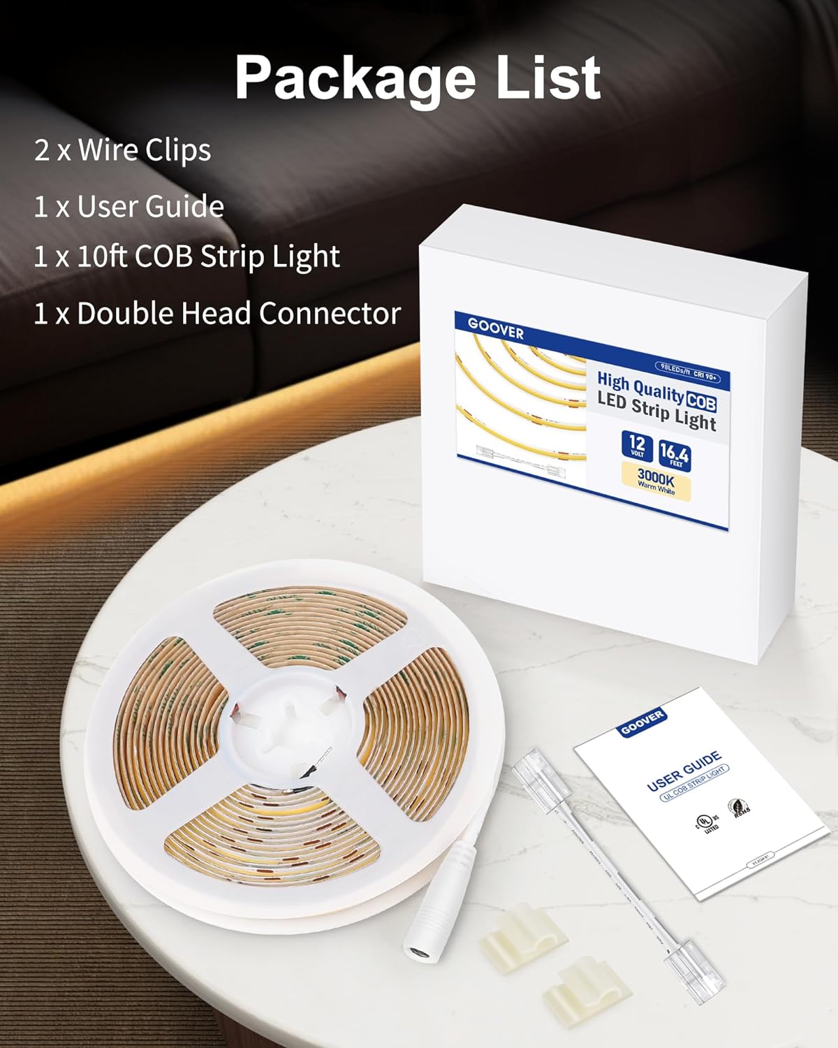 Warm White COB LED DC 12v 3000K Dimmable Strip Lights (Power Source Sold Separately)