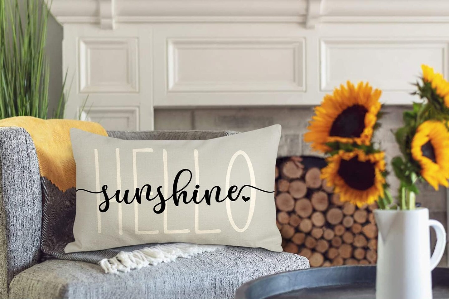 Farmhouse Lumbar Pillow Cover: Hello Sunshine Decor - 12x20 Inches