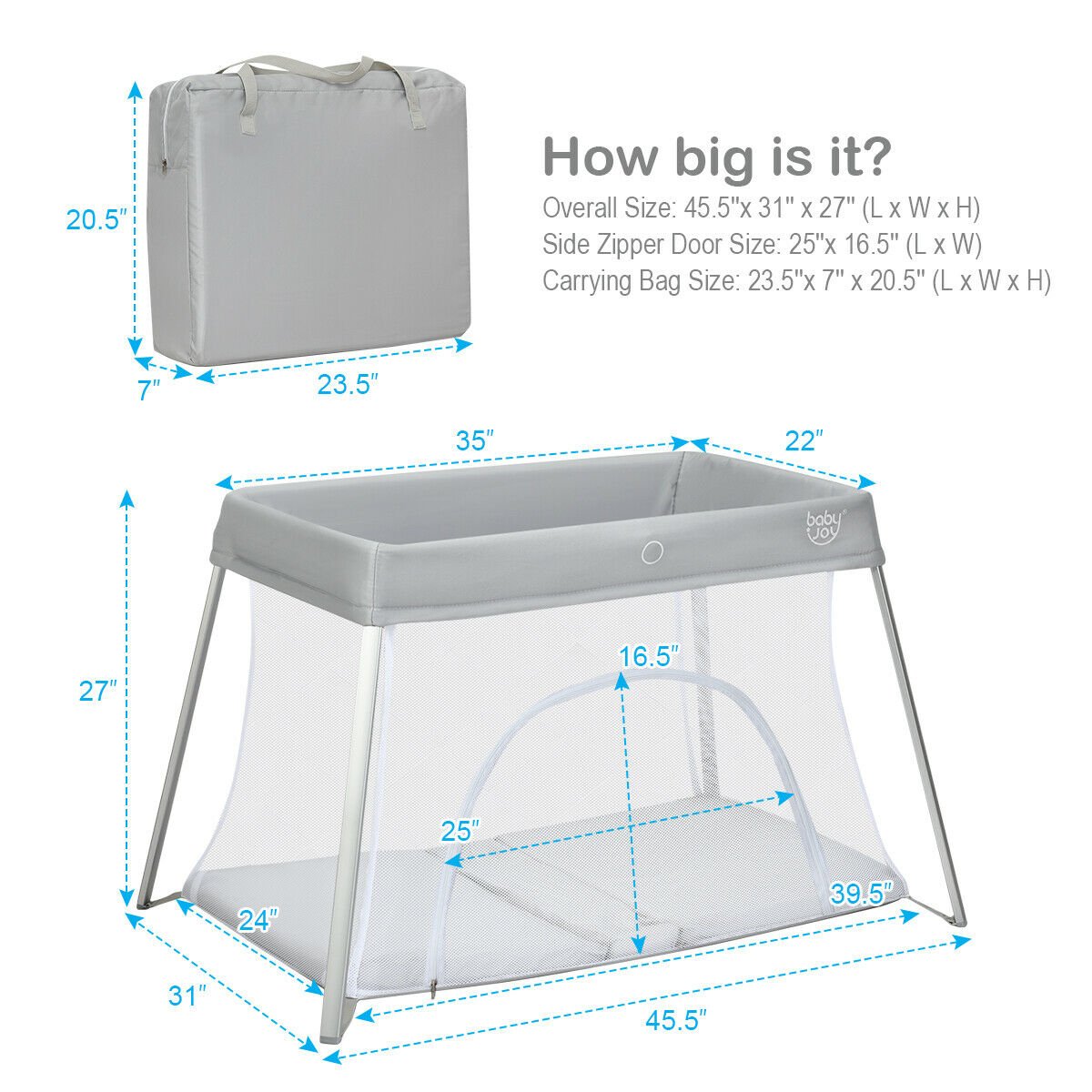 Foldable Baby Playpen Playard Lightweight Crib W/ Carry Bag For Infant Gray