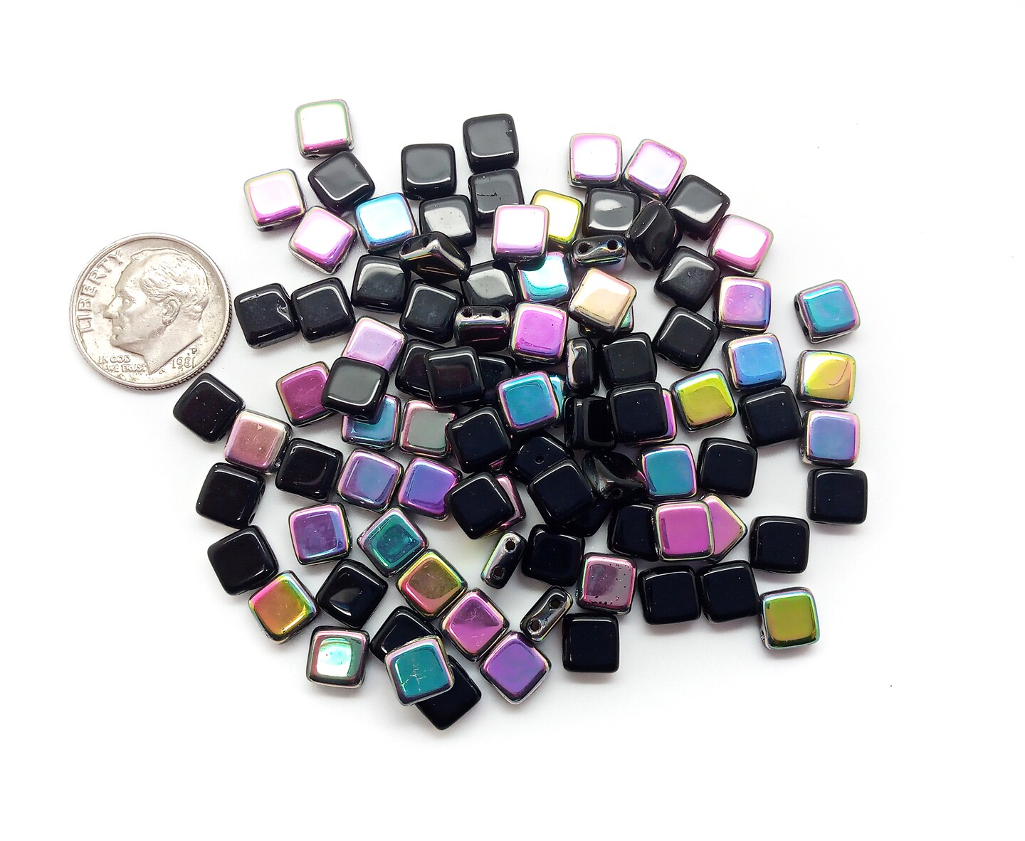 6mm Glass Tile Beads, 50 pcs, Black & Rainbow AB, 2-Hole, Adorabilities