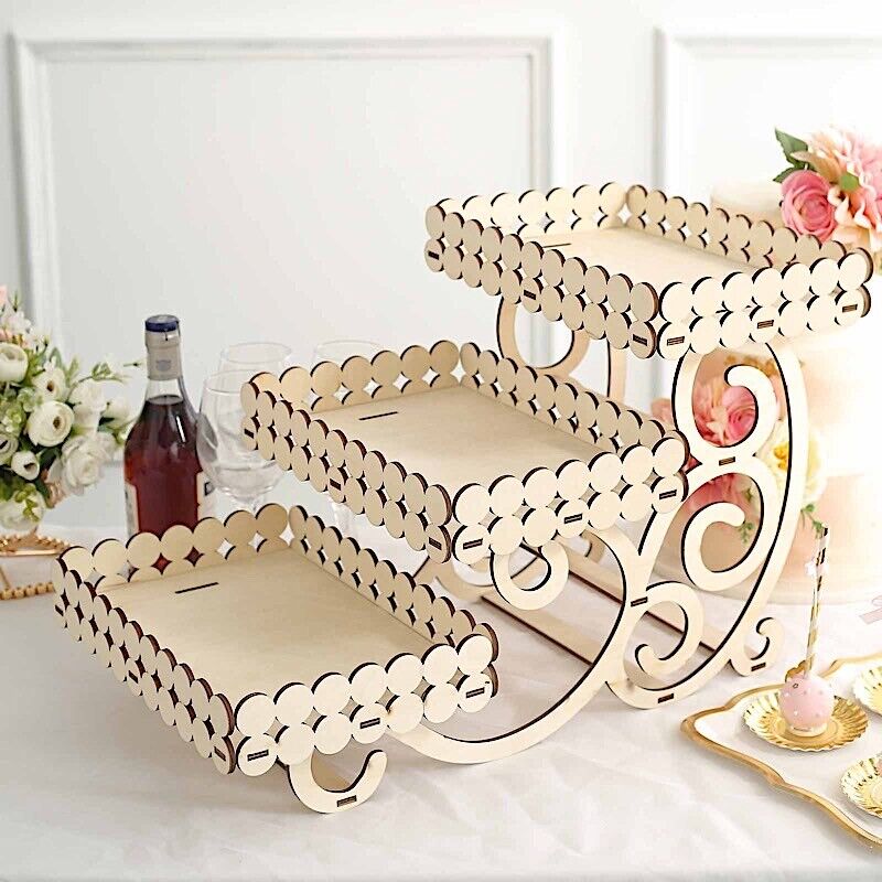 22 in Natural 3 Tier Laser Cut Rectangle Wooden Cupcake Dessert Stand