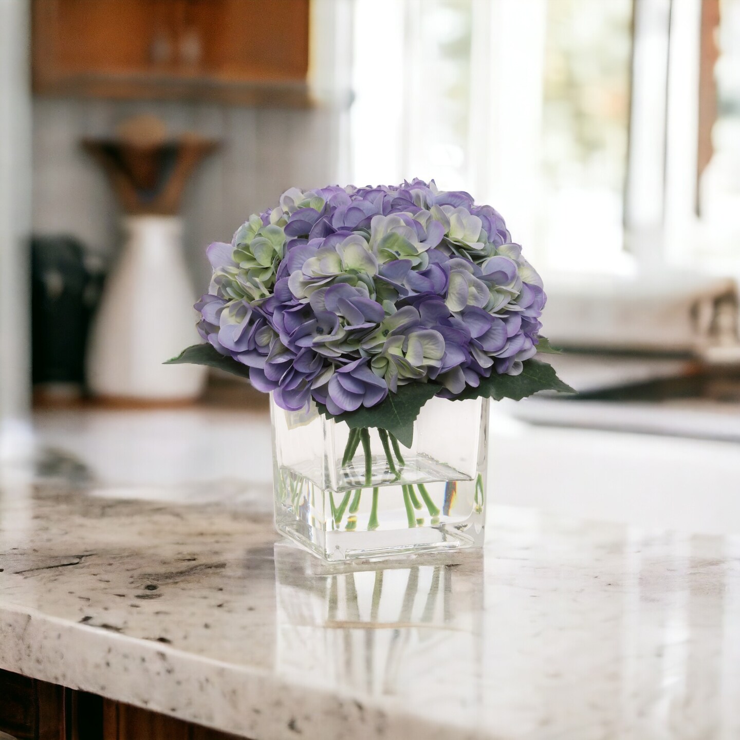 16&#x22; Periwinkle Hydrangea Flowers - Faux Blooms, Glass Vase with Water Look, Elegant Home &#x26; Office Decor, Event Centerpiece - Perfect Year-Round Accent, Floral Home by Artificial Flowers