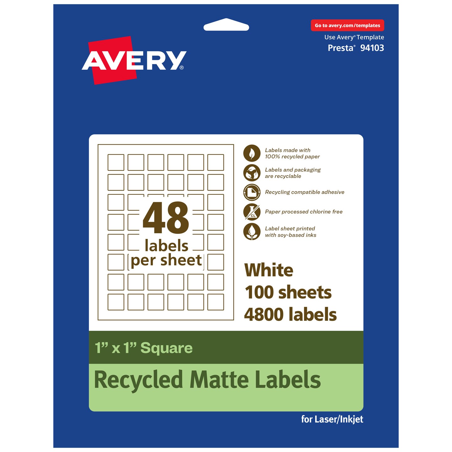 Avery Recycled Matte White Labels,  1" x 1" Square