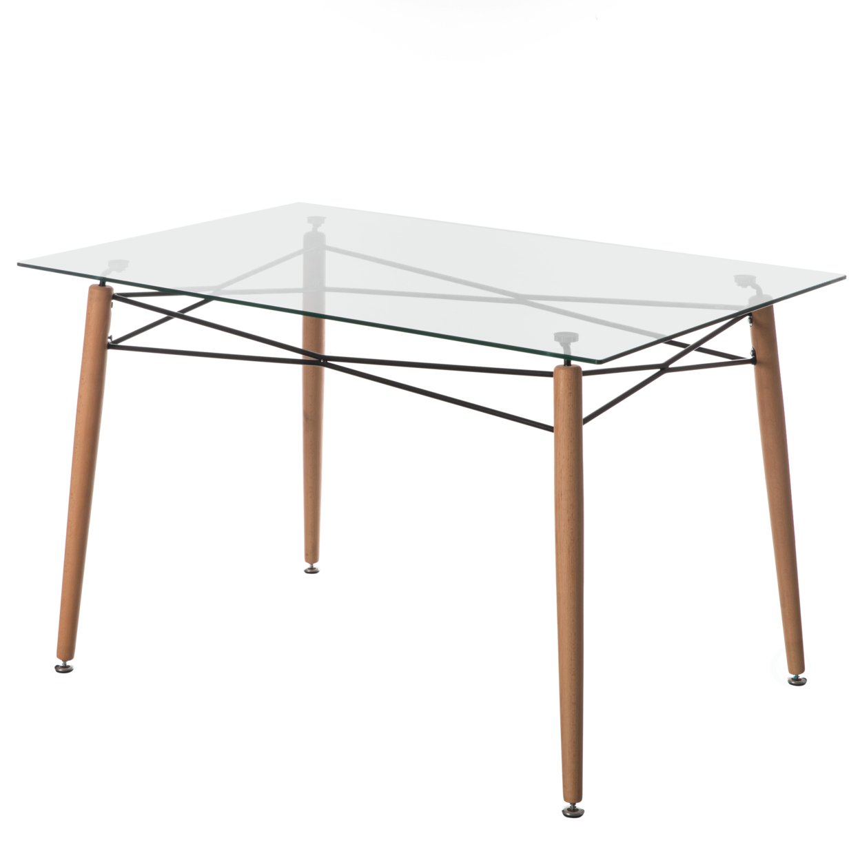 Fabulaxe Rectangle Clear Glass Top Accent Dining Table with 4 Beech Metal Frame Solid Wood Legs Modern Space Saving Small Leisure