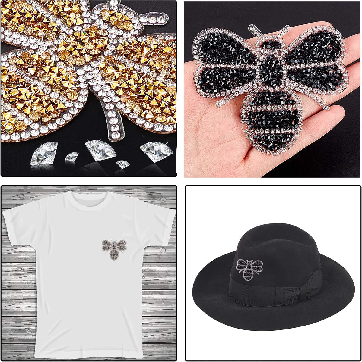 4 Pieces Crystals Bee Patches Iron on Rhinestone Appliques Patch Transfer