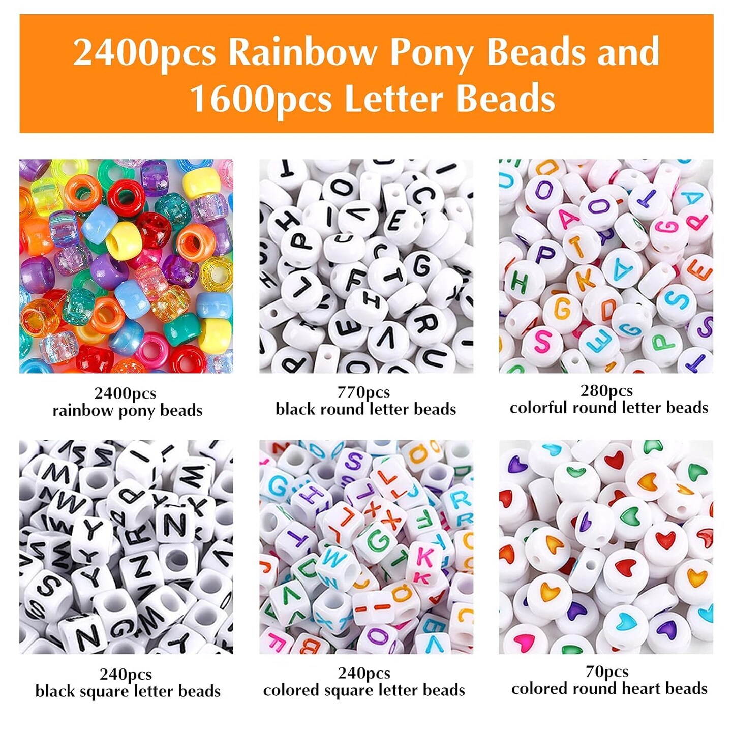 4000Pcs Pony Beads Kit, 2400Pcs Rainbow Kandi Beads And 1600Pcs Letter Beads, 24 Colors Plastic Craft Beads Bulk For Bracelets Jewelry Making With 20M Crystal String And 30M Elastic String