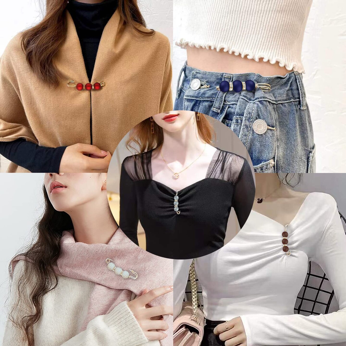 5 Pieces Pearl Brooch Pins for Women Fashion, Brooch Pins for Crafts, Sweater Shawl Clip Double Gold Brooch Pins for Women,Waist Pants Extender Safety Pins (Mixed color)