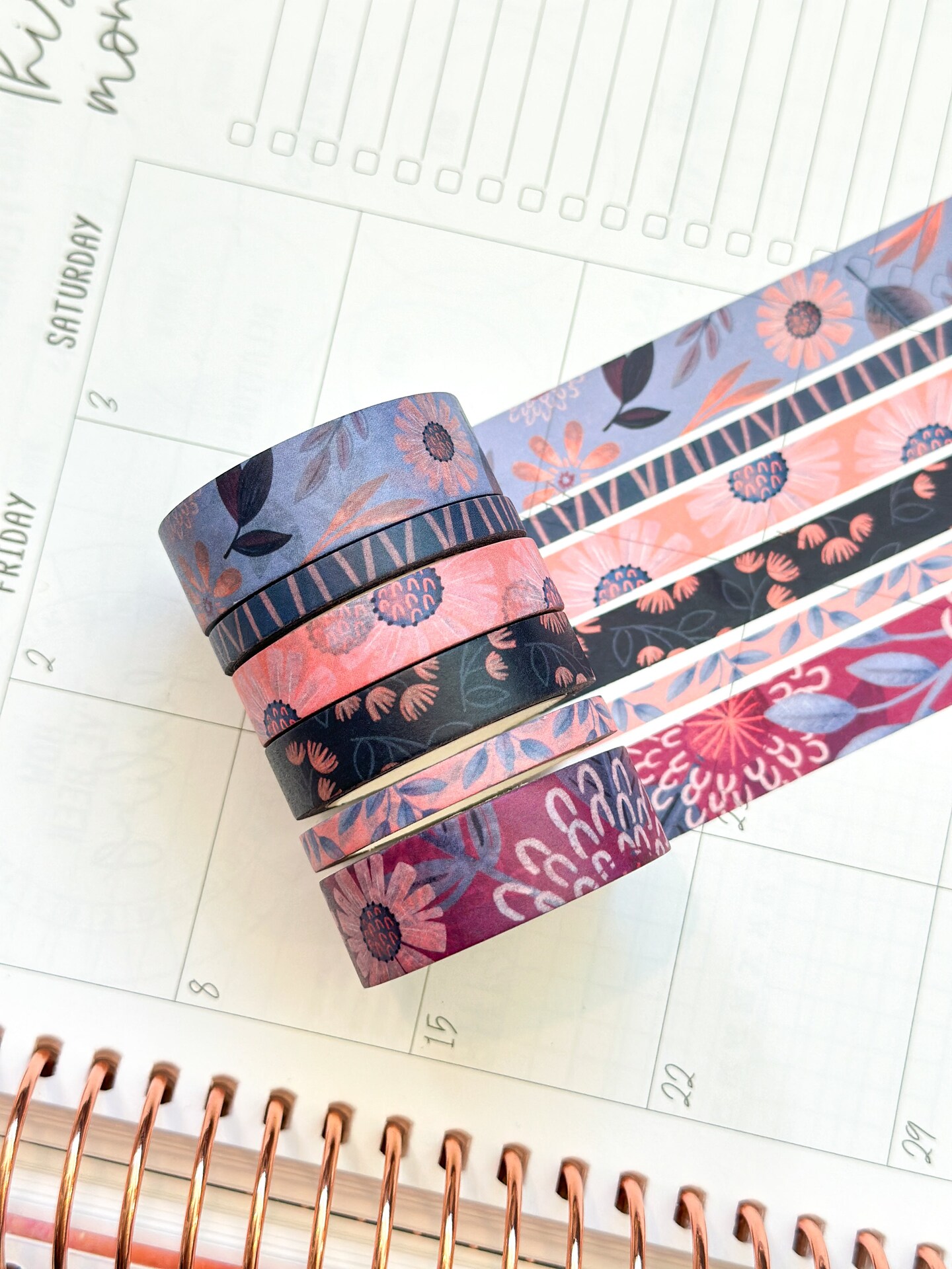 Periwinkle Pink Navy Coral Floral Modern Flowers Washi Tape Set February 2024 - W101