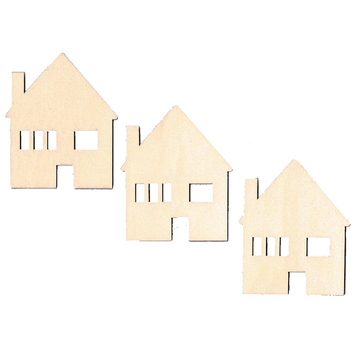 3 Houses Unfinished Wooden Shapes Craft Cutouts DIY Unpainted 3D Plaques 4 Inches