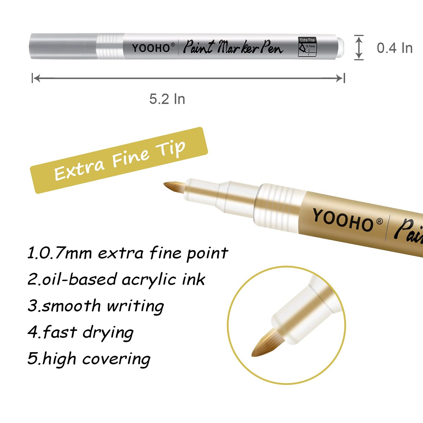 6 Pieces Paint Pen Gold Silver Metallic Permanent Acrylic Markers Set for Fabric Glass Rock Wooden Ceramic Leather Tire Painting, 0.7mm Extra Fine Tip (3pcs Gold+3pcs Silver)